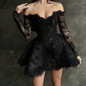 Black Off Shoulder Long Sleeve Lace Mini-Dress